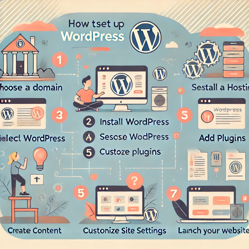 DALL·E 2024-12-05 21.32.39 - An instructional and visually clear illustration showing the steps to set up WordPress. The steps are displayed in a flowchart or numbered format_ 1)