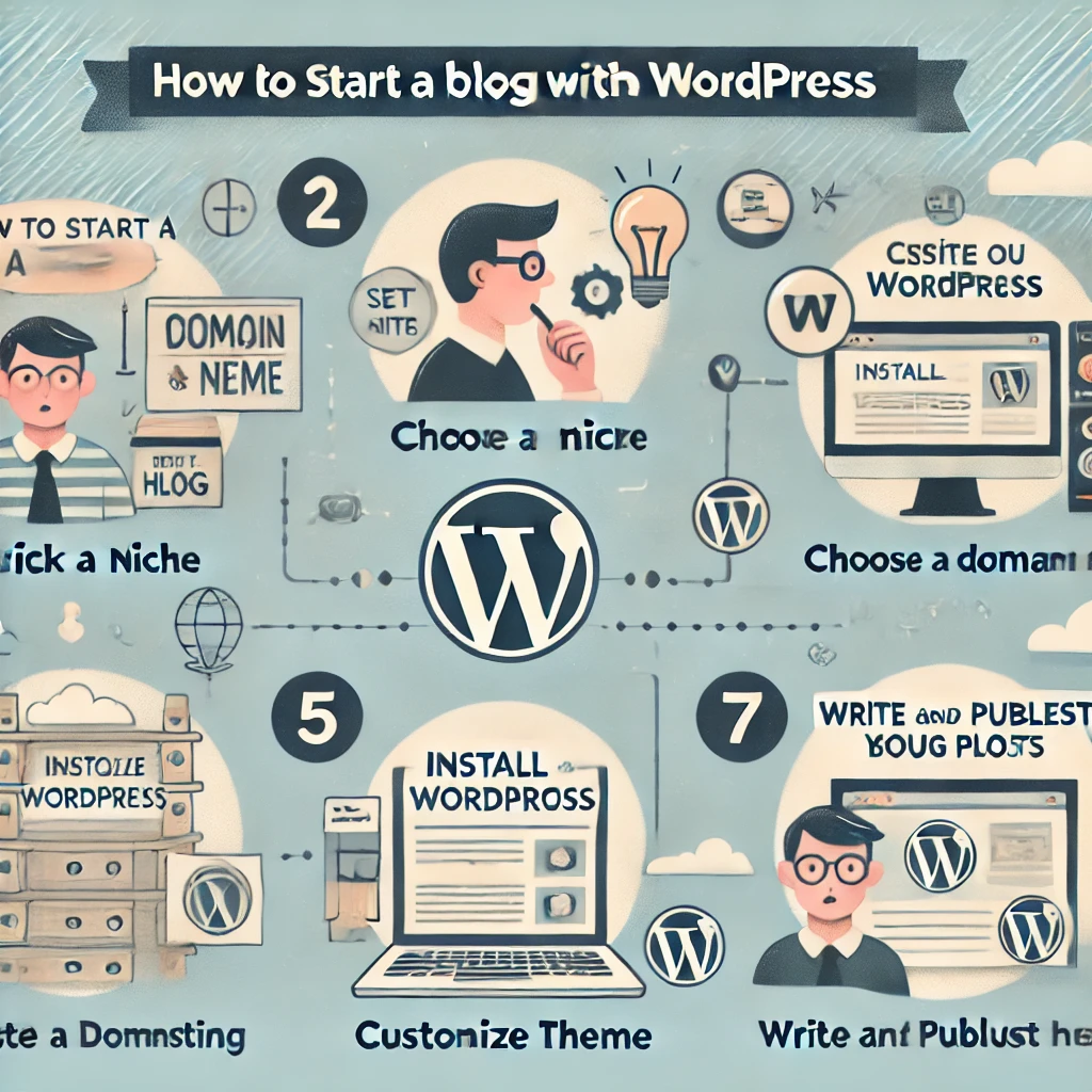 DALL·E 2024-12-05 21.35.00 - A visually engaging illustration showing how to start a blog with WordPress. The steps are arranged in a visually appealing sequence_ 1) Pick a Niche,