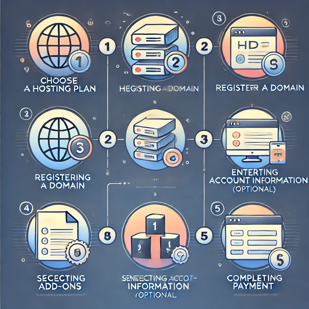 DALL·E 2024-12-05 21.37.12 - A modern and clear illustration depicting the process of signing up for a web hosting service. The steps include 1) Choosing a Hosting Plan, 2) Regist
