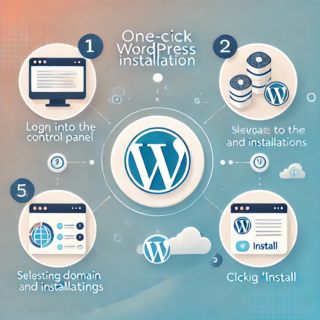 DALL·E 2024-12-05 21.39.00 - A clean and user-friendly illustration showing the process of WordPress's one-click installation. The steps include 1) Logging into the Hosting Contro
