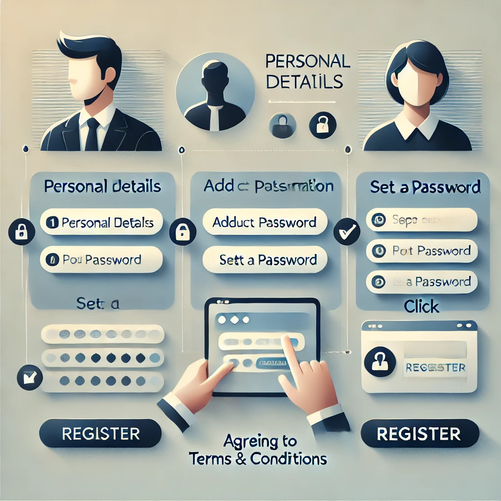 DALL·E 2024-12-05 21.40.42 - A modern and clear illustration showing the process of entering and registering user information online. The steps include 1) Filling Personal Details