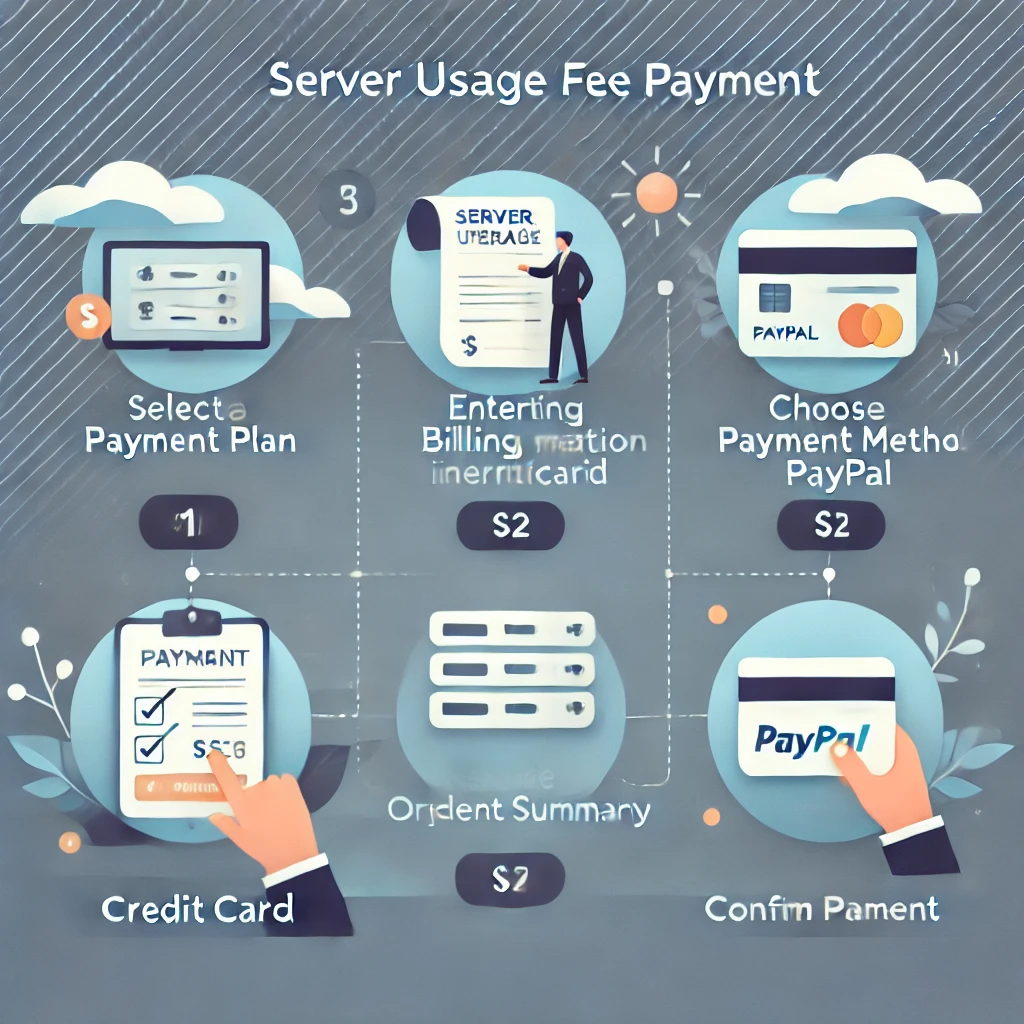 DALL·E 2024-12-05 21.45.48 - A professional and user-friendly illustration showing the steps for completing server usage fee payment. The steps include 1) Selecting a Payment Plan