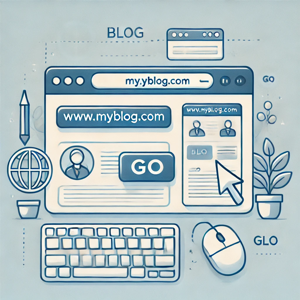 DALL·E 2024-12-05 21.49.35 - An instructional and clean illustration showing the process of accessing a blog using a URL. The image features a browser window with a URL bar at the