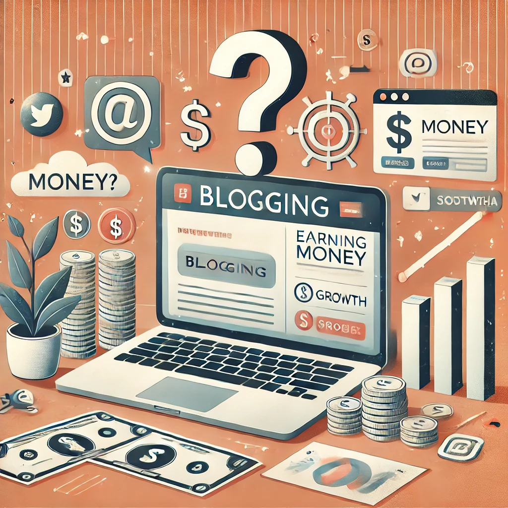 DALL·E 2024-12-05 21.53.49 - An engaging illustration exploring the concept of earning money through blogging. The image features a laptop with a blog interface on the screen, sur