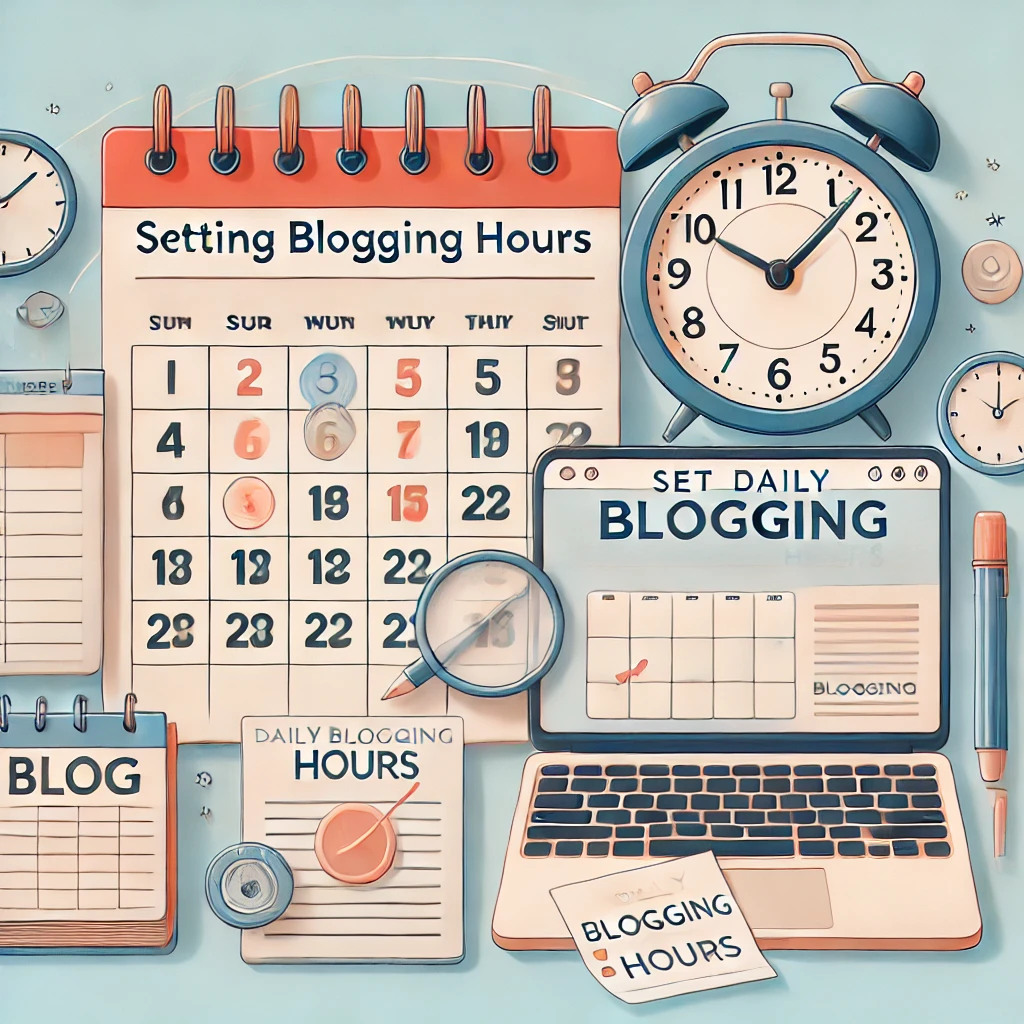 DALL·E 2024-12-05 21.55.22 - A visually appealing illustration promoting time management for blogging. The image includes a calendar, a clock, and a laptop with a blog editor open