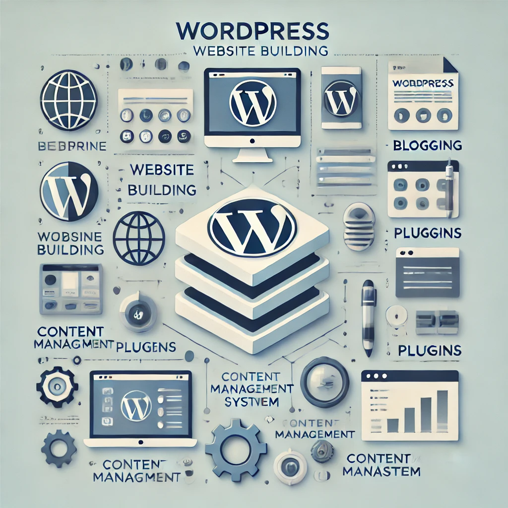 DALL·E-2024-12-09-18.36.58-A-modern-minimalist-infographic-explaining-WordPress-featuring-its-definition-and-key-features-such-as-website-building-blogging-themes-plugins-