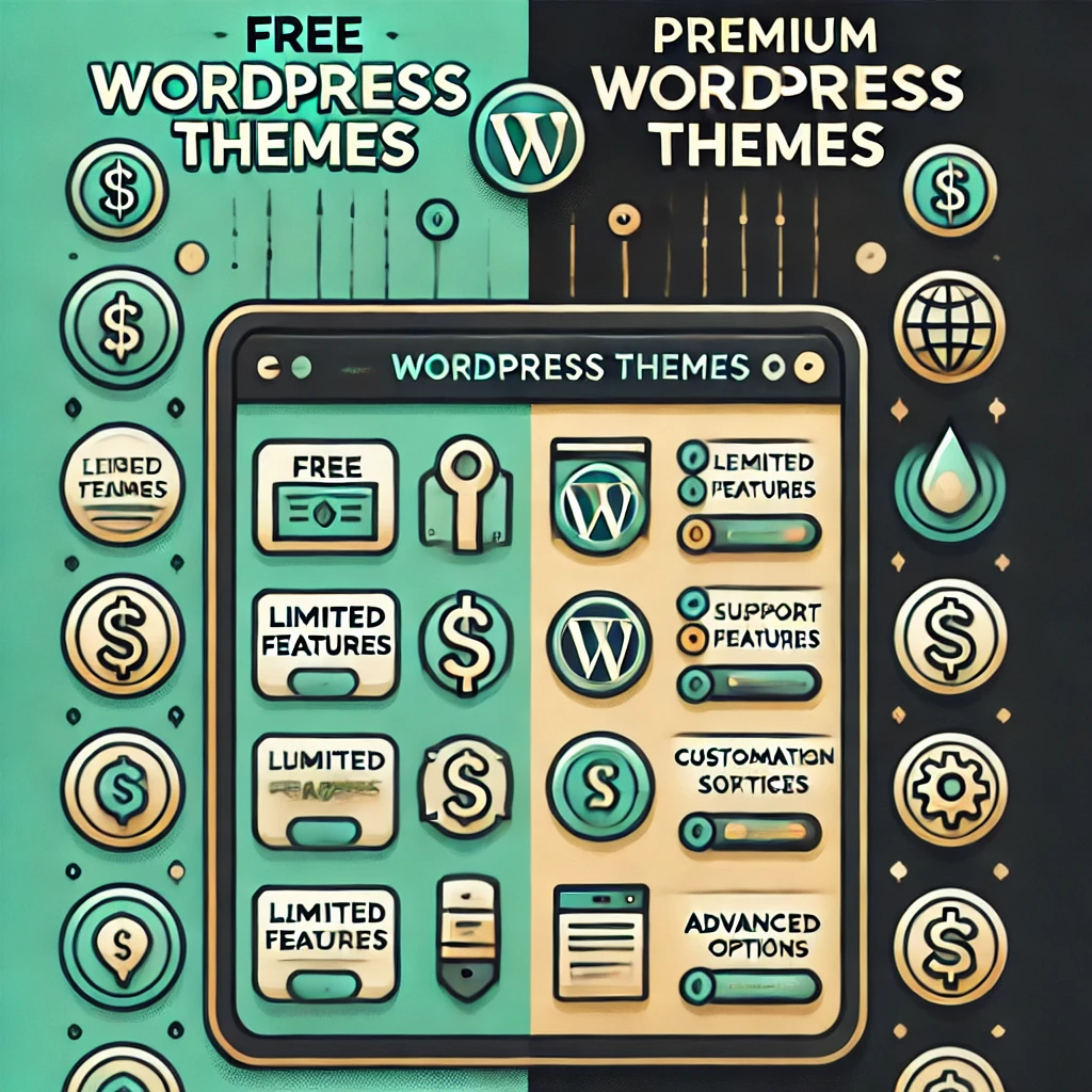 DALL·E-2024-12-09-18.40.49-An-infographic-visually-comparing-free-WordPress-themes-and-premium-WordPress-themes.-The-design-shows-a-split-screen-with-free-themes-on-the-left-and