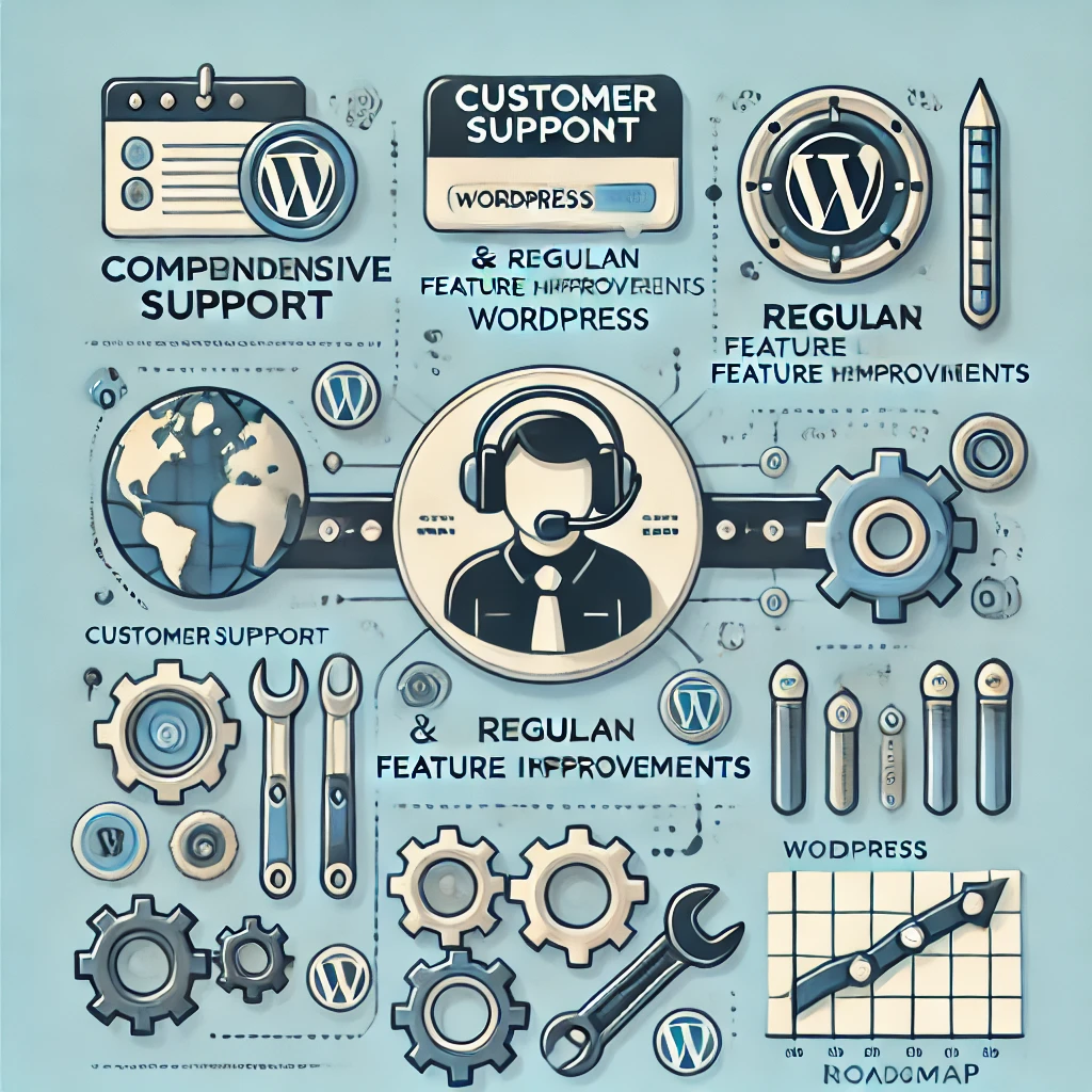 DALL·E-2024-12-09-18.49.53-A-professional-infographic-highlighting-the-benefits-of-comprehensive-support-and-regular-feature-improvements-in-WordPress.-Key-elements-include-icon