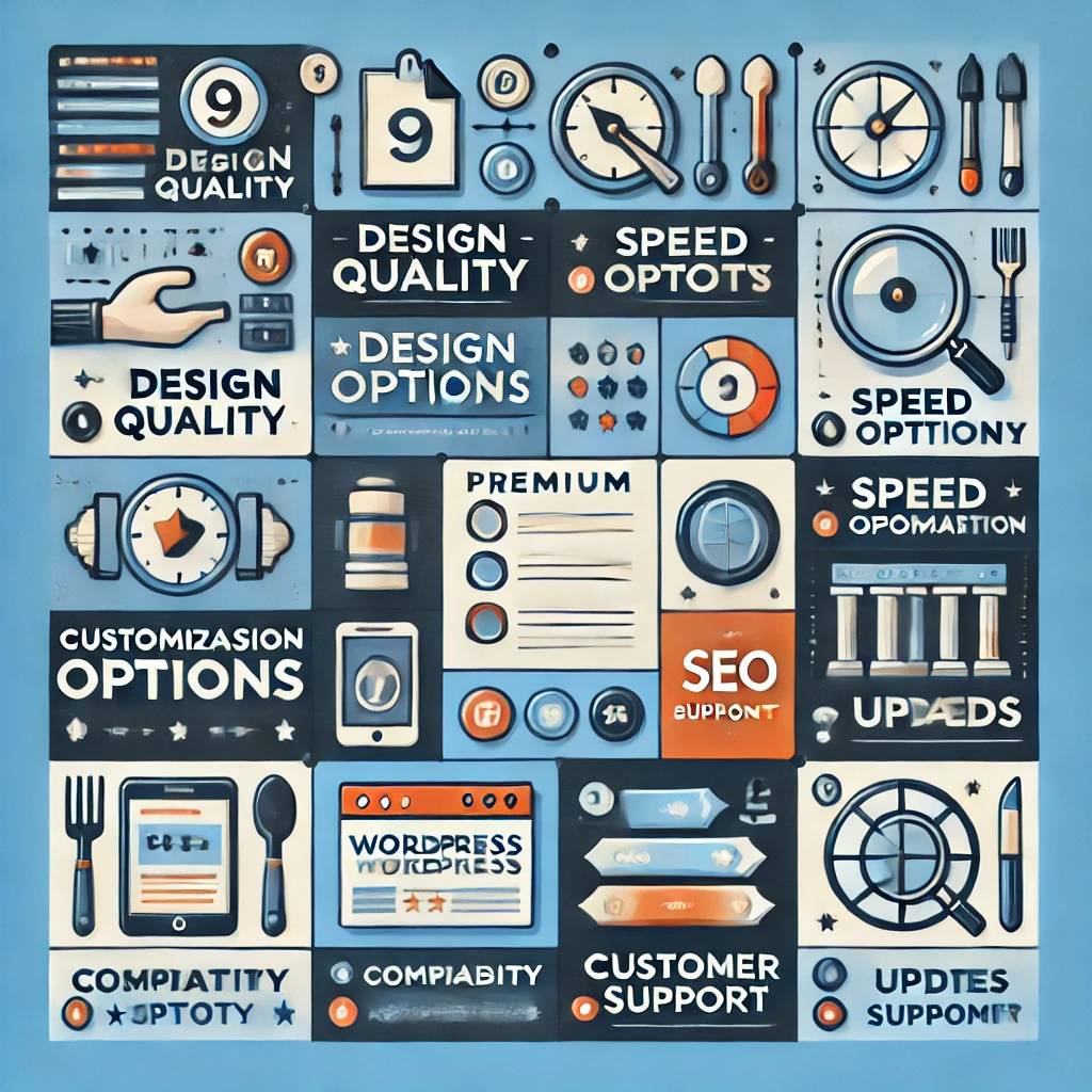 DALL·E-2024-12-09-18.52.28-An-infographic-listing-and-comparing-9-criteria-for-evaluating-premium-WordPress-themes.-The-design-features-a-grid-or-checklist-format-with-icons-for