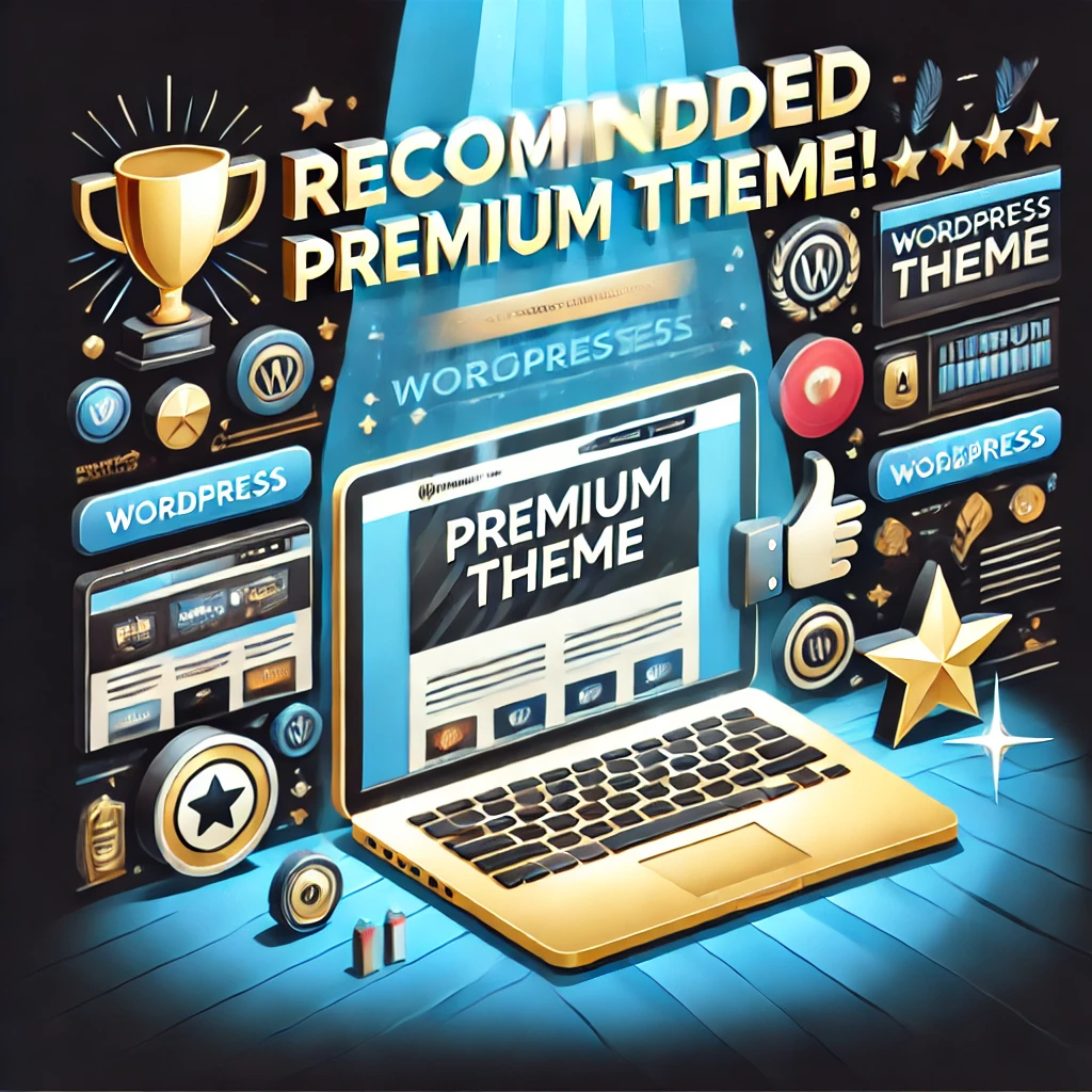 DALL·E-2024-12-10-16.34.52-A-promotional-infographic-recommending-a-premium-WordPress-theme.-Includes-a-spotlight-effect-on-a-laptop-screen-showcasing-a-sleek-website-with-text.
