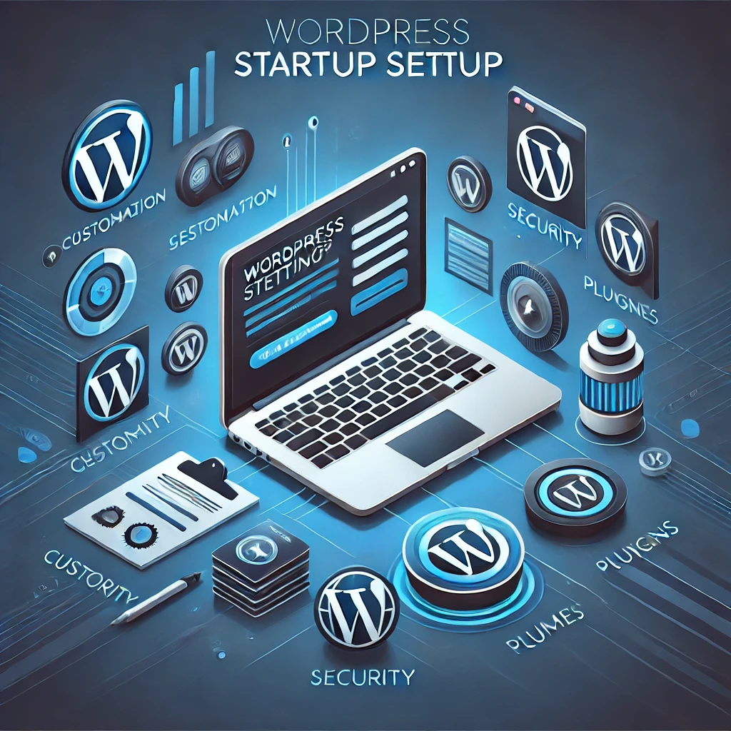 DALL·E-2024-12-15-16.07.56-A-visually-appealing-image-highlighting-the-concept-of-WordPress-startup-settings.-The-design-should-include-a-laptop-displaying-a-WordPress-setup-scr