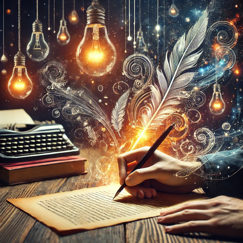 DALL·E-2024-12-19-18.41.52-An-artistic-and-symbolic-image-representing-the-concept-of-writing.-The-focus-is-on-a-hand-holding-a-pen-writing-on-a-glowing-sheet-of-paper-with-a-m