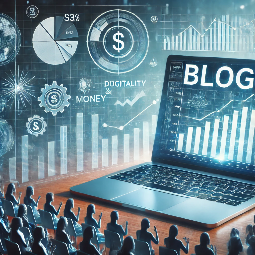 DALL·E-2024-12-24-17.51.15-A-modern-and-sleek-illustration-depicting-a-blog-on-a-laptop-screen-with-charts-money-symbols-and-a-dynamic-audience-in-the-background.-The-scene-su