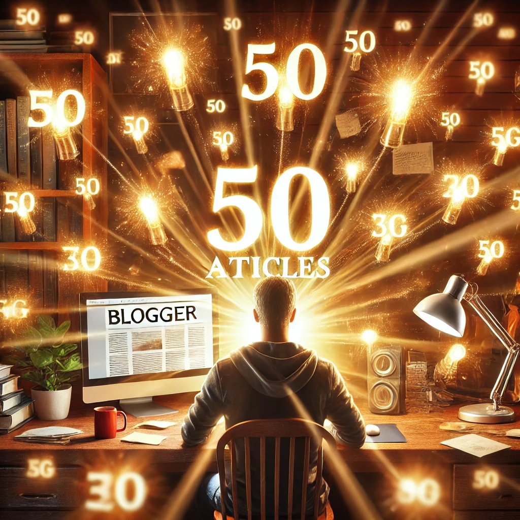 DALL·E-2024-12-24-18.24.09-An-artistic-representation-of-a-blogger-surrounded-by-50-glowing-articles-radiating-a-sense-of-accomplishment-and-hard-work.-The-scene-includes-a-com