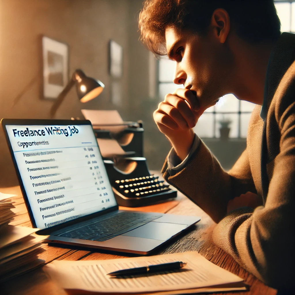 DALL·E-2024-12-24-18.25.45-A-thoughtful-scene-showing-a-writer-contemplating-at-a-desk-looking-at-a-list-of-freelance-writing-job-opportunities-on-a-laptop-screen.-Papers-and-a