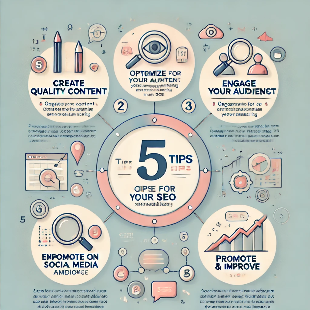 DALL·E-2025-01-07-16.47.20-An-infographic-style-image-in-English-titled-5-Tips-for-Successful-Blog-Marketing.-The-design-features-a-modern-clean-layout-with-icons-and-brief-t