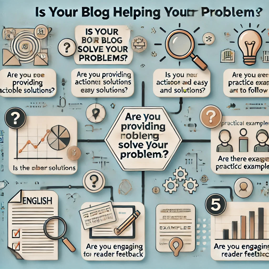DALL·E-2025-01-07-16.56.26-An-infographic-style-image-in-English-titled-Is-Your-Blog-Helping-Readers-Solve-Their-Problems_-The-design-includes-sections-with-key-questions-and-