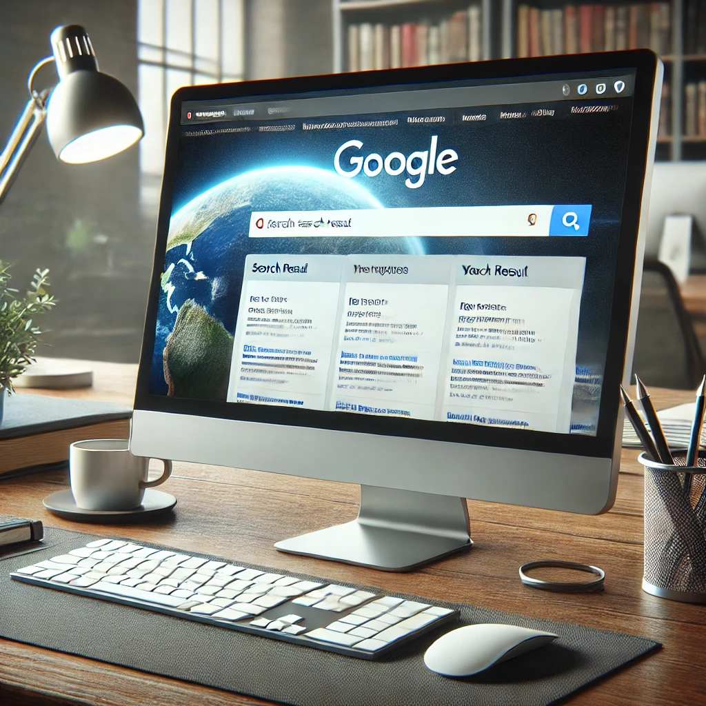 DALL·E-2025-01-12-18.19.44-A-realistic-image-of-a-computer-screen-displaying-a-search-engine-results-page-SERP-with-a-specific-website-highlighted-at-the-top-of-the-list.-The-