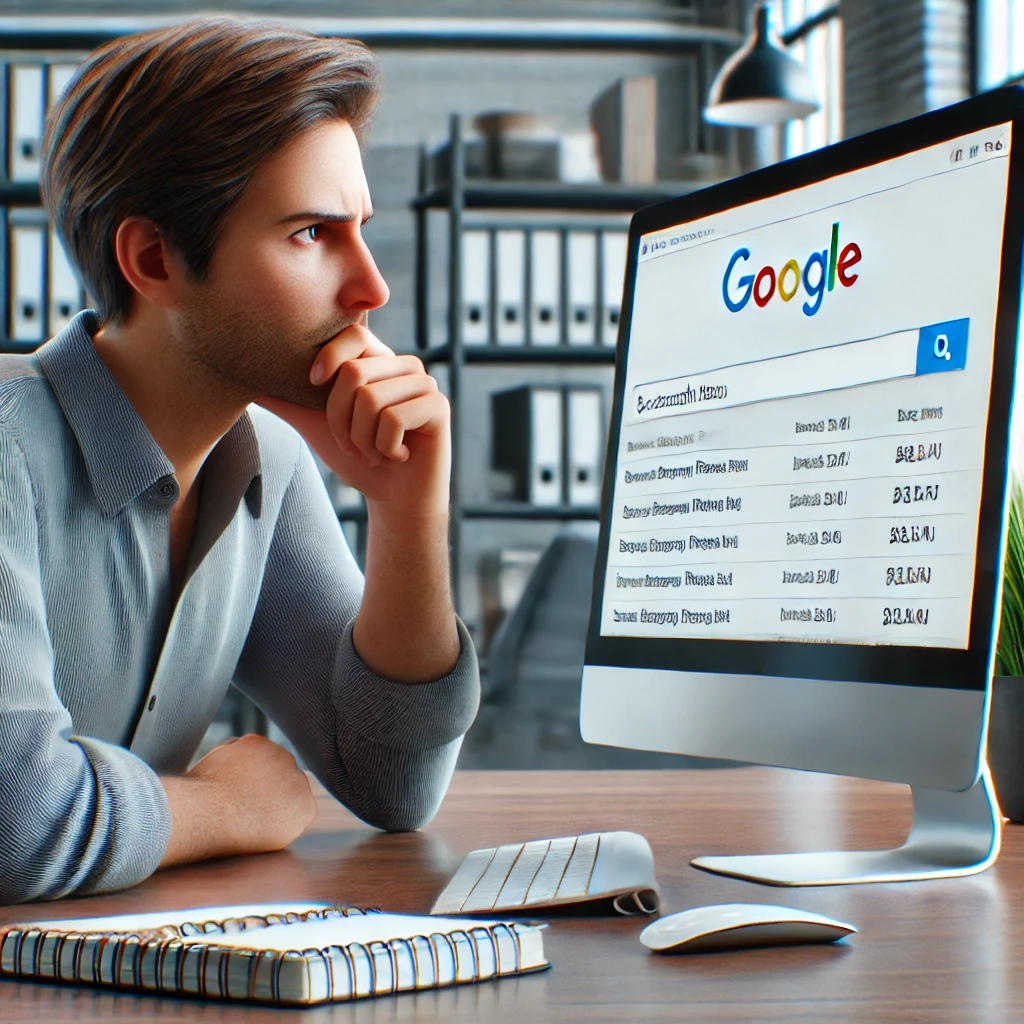 DALL·E-2025-01-12-18.22.22-A-realistic-image-showing-a-frustrated-person-at-a-modern-office-desk-looking-at-a-computer-screen-displaying-a-search-engine-results-page-with-no-re
