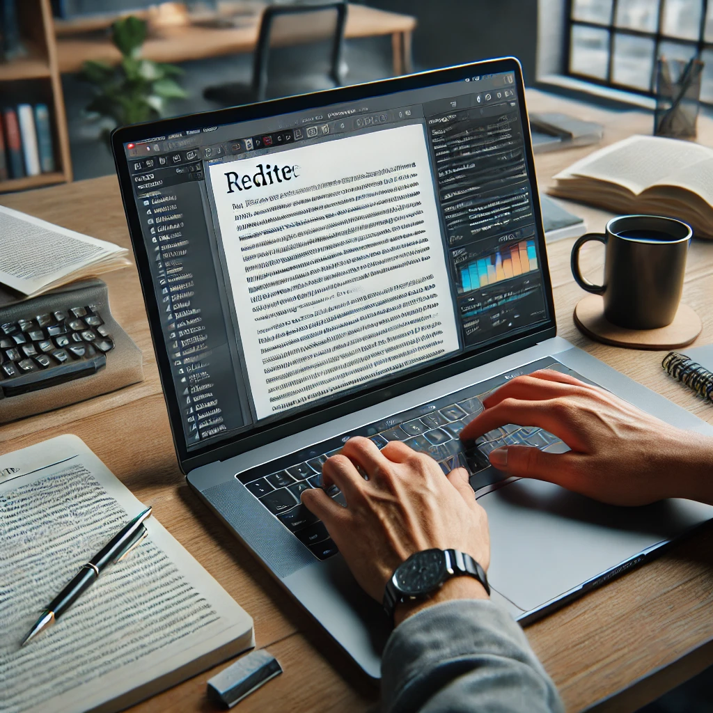 DALL·E-2025-01-12-18.25.14-A-realistic-image-showing-a-person-working-on-a-laptop-in-a-modern-office-environment.-The-laptop-screen-displays-a-text-editor-with-an-article-being-