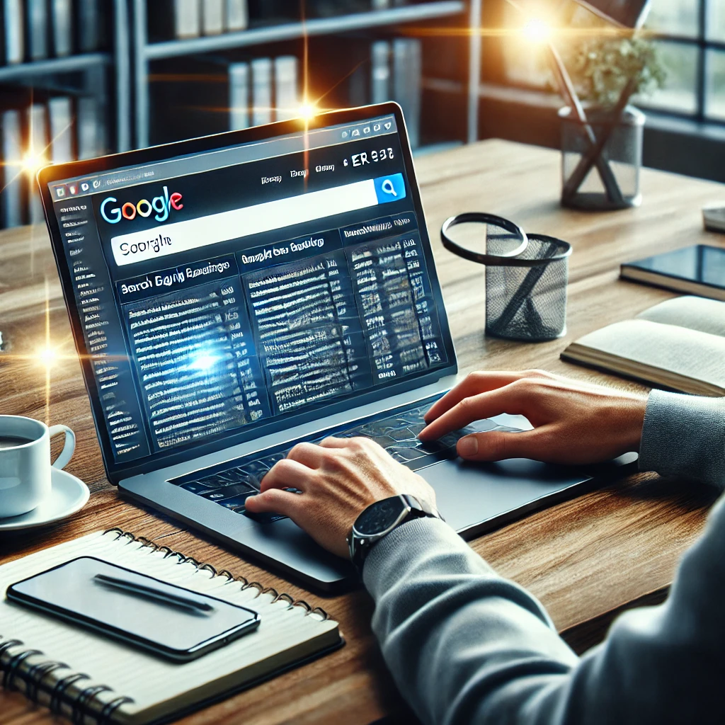 DALL·E-2025-01-12-18.26.46-A-realistic-image-showing-a-person-checking-search-engine-rankings-on-a-laptop-screen.-The-screen-displays-a-search-engine-results-page-SERP-with-hi