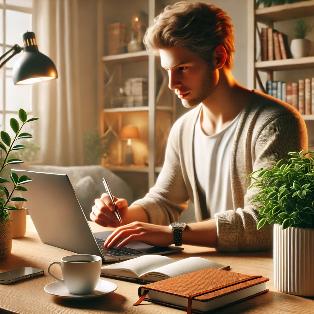 DALL·E-2025-01-18-16.02.37-A-realistic-image-of-a-blogger-sitting-at-a-cozy-desk-with-a-laptop-writing-a-blog-to-help-readers-solve-their-problems.-The-setting-includes-a-coffe