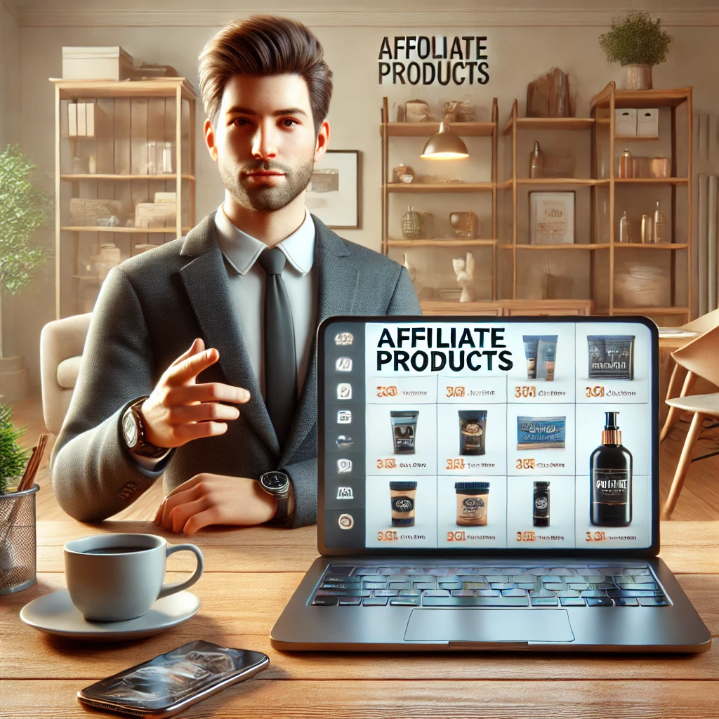 DALL·E-2025-01-18-16.04.41-A-realistic-image-of-a-blogger-promoting-affiliate-products-on-a-modern-laptop.-The-setting-includes-a-clean-desk-with-product-images-displayed-on-the