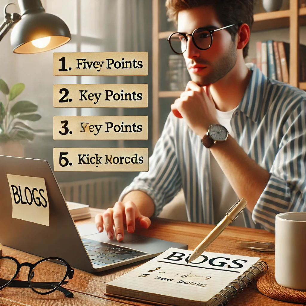 DALL·E-2025-01-18-16.06.41-A-realistic-image-of-a-person-analyzing-blogs-on-a-laptop-with-five-key-points-highlighted-on-a-notepad-next-to-the-computer.-The-scene-includes-a-co