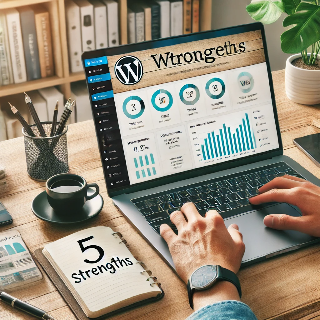 DALL·E-2025-01-18-16.08.33-A-realistic-image-showing-a-WordPress-user-working-on-a-laptop-displaying-a-WordPress-dashboard-with-analytics-and-revenue-charts.-The-desk-features-a