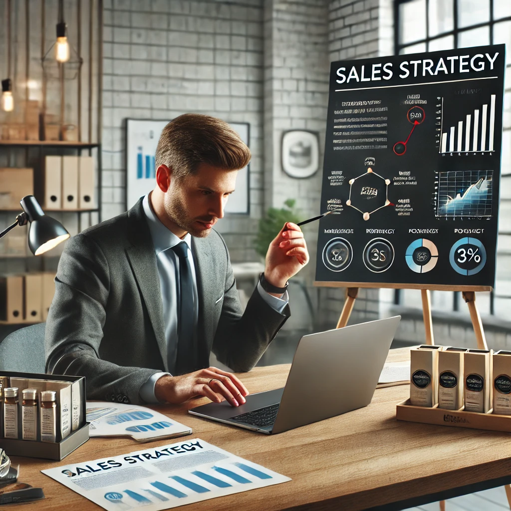 DALL·E-2025-01-18-16.12.14-A-realistic-image-of-a-business-owner-creating-a-sales-strategy-for-their-own-product.-The-scene-includes-a-desk-with-a-laptop-showing-a-marketing-pla