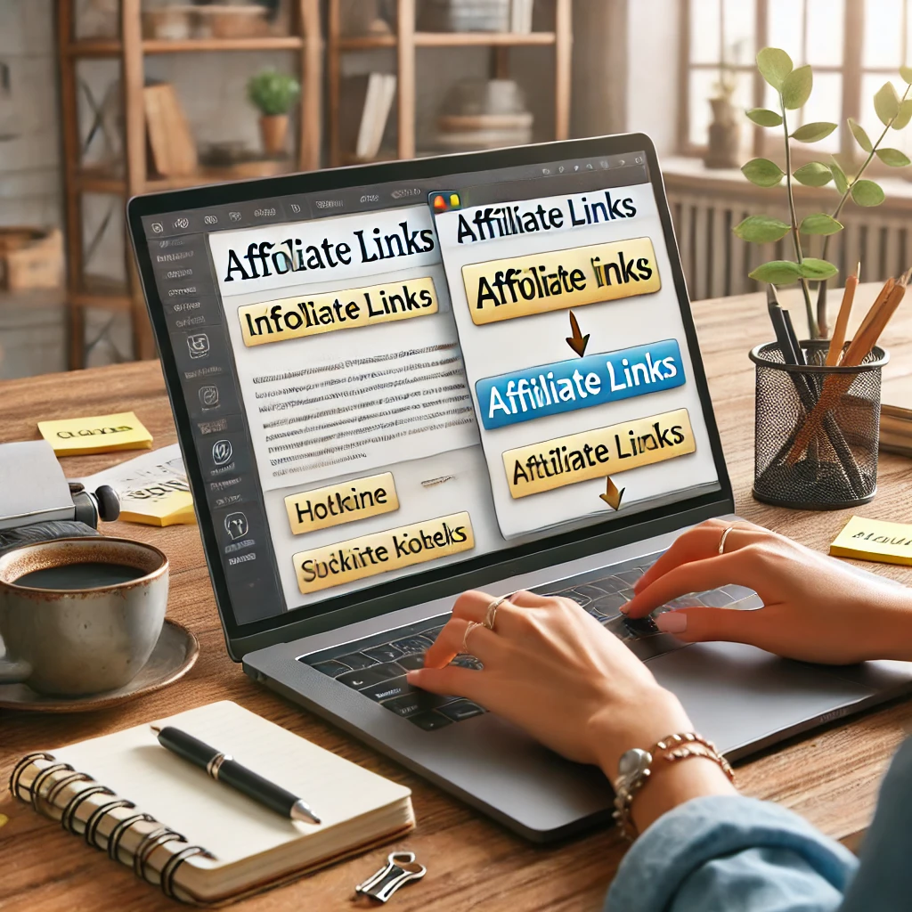 DALL·E-2025-01-18-16.14.27-A-realistic-image-of-a-blogger-integrating-affiliate-links-naturally-into-a-blog-post.-The-laptop-screen-shows-a-blog-editor-with-highlighted-text-and.