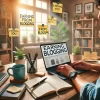 DALL·E-2025-01-18-16.57.40-A-realistic-image-of-a-person-sitting-at-a-desk-learning-about-blogging-on-a-laptop-with-notebooks-a-cup-of-coffee-and-motivational-sticky-notes-a