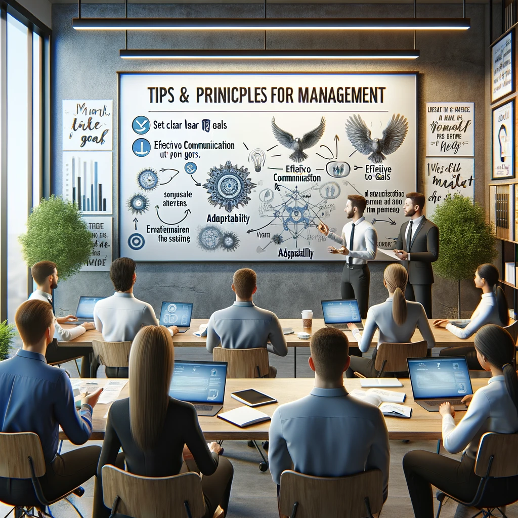  DALL·E-2025-01-22-18.21.54-A-realistic-image-depicting-the-concept-of-tips-and-principles-for-management.-The-scene-shows-a-professional-office-environment-with-a-whiteboard-d