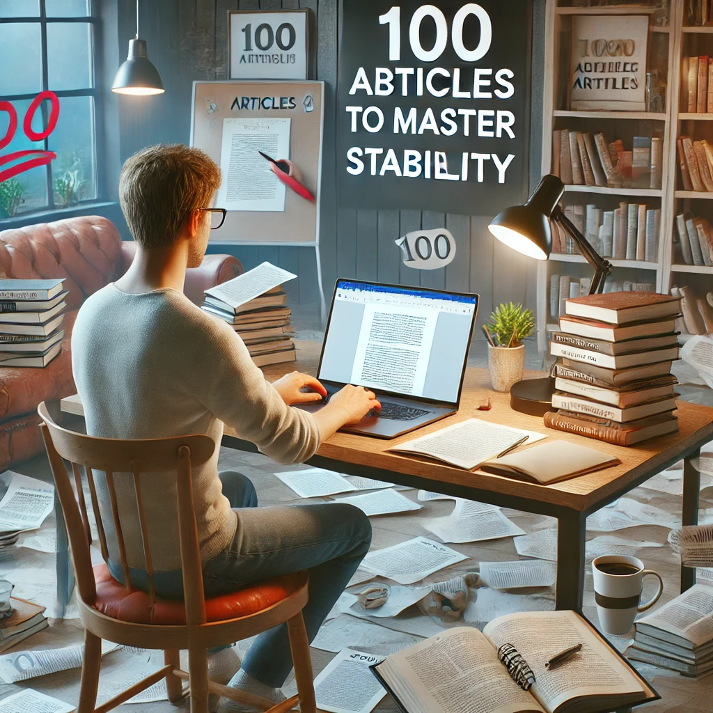 DALL·E-2025-01-22-18.26.52-A-realistic-image-illustrating-the-concept-of-writing-100-articles-to-achieve-stability-in-content-creation.-The-scene-shows-a-focused-writer-in-a-coz
