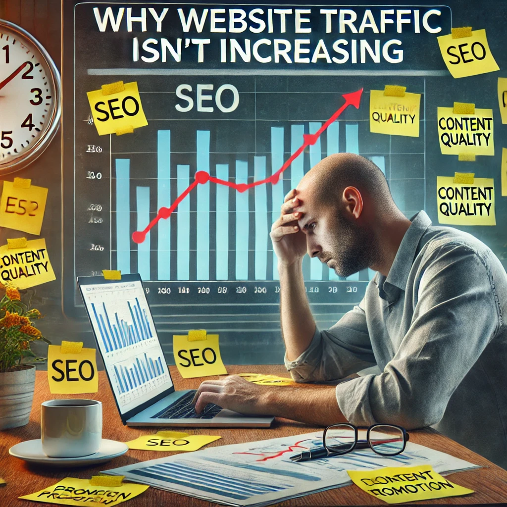 DALL·E-2025-01-22-18.28.30-A-realistic-image-illustrating-the-concept-of-why-website-traffic-isnt-increasing.-The-scene-shows-a-frustrated-digital-marketer-or-blogger-sitting