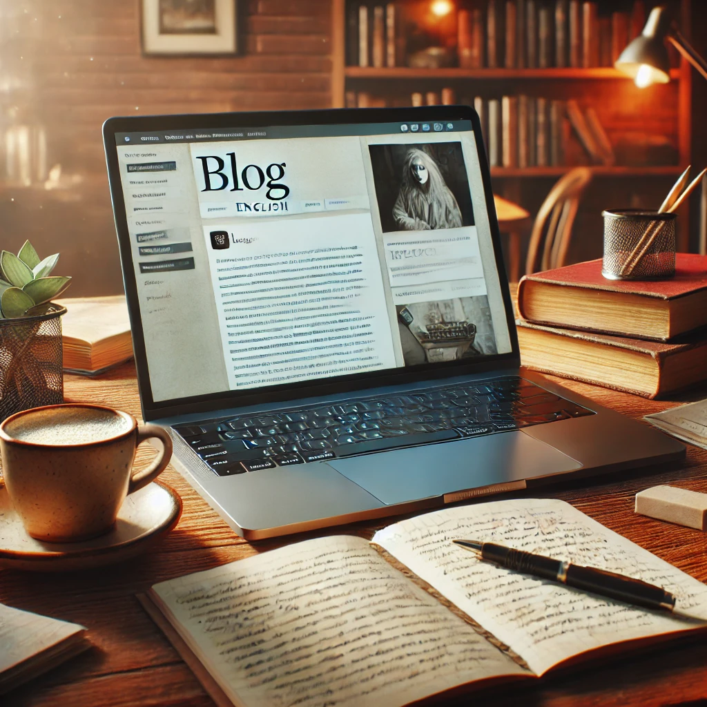 DALL·E-2025-01-28-16.03.29-A-realistic-depiction-of-a-bloggers-workspace-featuring-a-laptop-with-a-blog-post-in-English-displayed-on-the-screen-a-cup-of-coffee-a-notepad-with