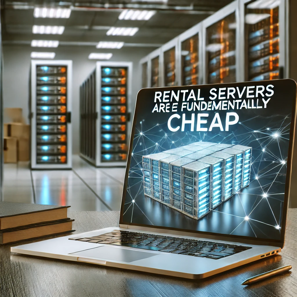 DALL·E-2025-02-02-17.08.51-A-high-resolution-photograph-of-a-modern-office-desk-setup-with-a-laptop-displaying-the-text-Rental-servers-are-fundamentally-cheap-in-English.-In-t