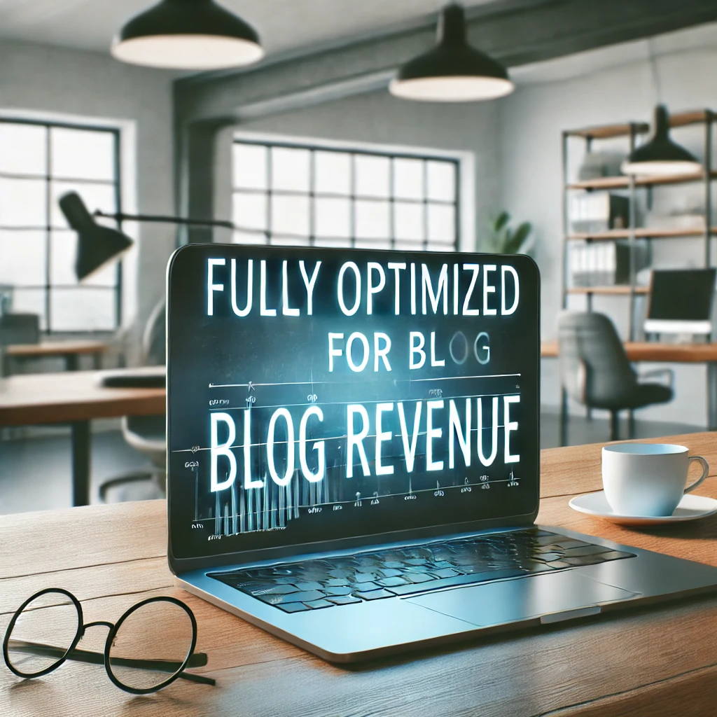 DALL·E-2025-02-02-17.16.55-A-high-resolution-photograph-of-a-modern-office-workspace-with-a-laptop-displaying-the-text-Fully-Optimized-for-Blog-Revenue-in-English.-In-the-back